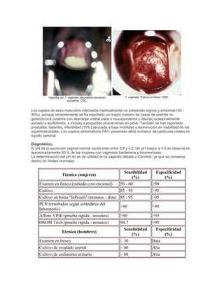 Vaginitis por T. vaginalis. Abundante secreción
purulenta. CDC.
T. vaginalis. "Cérvix en fresa". CDC.
Los sujetos de sexo masculino infectados habitualmente no presentan signos y síntomas (50 -
90%), aunque recientemente se ha reportado un mayor número de casos de uretritis no
gonocóccica (uretritis con descarga uretral clara o mucopurulenta y disuria) ocasionalmente
aunado a epididimitis, e incluso a pequeñas ulceraciones en pene. También se han reportado
prostatitis, balanitis, infertilidad (10%) asociada a baja motilidad y disminución en viabilidad de los
espermatozoides. Los sujetos sintomáticos HIV+ presentan altos números de partículas virales en
líquido seminal.
Diagnóstico.
El pH de la secreción vaginal normal oscila ente entre 3.8 y 4.2. Un pH mayor a 4.5 se observa en
aproximadamente 80 % de las mujeres con vaginosis bacteriana y tricomoniasis.
La determinación del pH no es de utilidad en la vaginitis debida a Candida, ya que se conserva
dentro de límites normales.
Técnica (mujeres)
Sensibilidad
(%)
Especificidad
(%)
Examen en fresco (método convencional) 50 - 60 >90
Cultivo 85 - 95 >95
Cultivo en bolsa "InPouch" (minutos - días) 85 - 95 >95
PCR (resultados según estándares del
laboratorio)
>90 >95
Affirm VPIII (prueba rápida - minutos) >90 >95
OSOM Trich (prueba rápida - minutos) 94.7 >95
Técnica (hombres)
Sensibilidad
(%)
Especificidad
(%)
Examen en fresco ~ 30 Baja
Cultivo de exudado uretral ~ 60 Alta
Cultivo de sedimento urinario ~ 60 Alta
 