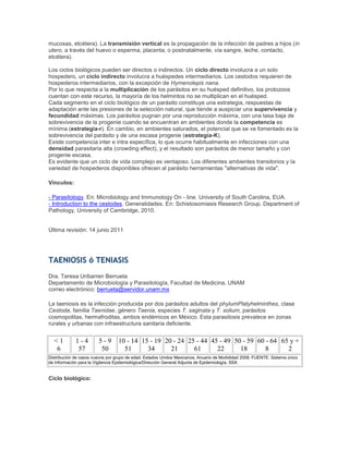 mucosas, etcétera). La transmisión vertical es la propagación de la infección de padres a hijos (in
utero, a través del huevo o esperma, placenta, o postnatalmente, vía sangre, leche, contacto,
etcétera).
Los ciclos biológicos pueden ser directos o indirectos. Un ciclo directo involucra a un solo
hospedero, un ciclo indirecto involucra a huéspedes intermediarios. Los cestodos requieren de
hospederos intermediarios, con la excepción de Hymenolepis nana.
Por lo que respecta a la multiplicación de los parásitos en su huésped definitivo, los protozoos
cuentan con este recurso, la mayoría de los helmintos no se multiplican en el huésped.
Cada segmento en el ciclo biológico de un parásito constituye una estrategia, respuestas de
adaptación ante las presiones de la selección natural, que tiende a auspiciar una supervivencia y
fecundidad máximas. Los parásitos pugnan por una reproducción máxima, con una tasa baja de
sobrevivencia de la progenie cuando se encuentran en ambientes donde la competencia es
mínima (estrategia-r). En cambio, en ambientes saturados, el potencial que se ve fomentado es la
sobrevivencia del parásito y de una escasa progenie (estrategia-K).
Existe competencia inter e intra específica, lo que ocurre habitualmente en infecciones con una
densidad parasitaria alta (crowding effect), y el resultado son parásitos de menor tamaño y con
progenie escasa.
Es evidente que un ciclo de vida complejo es ventajoso. Los diferentes ambientes transitorios y la
variedad de hospederos disponibles ofrecen al parásito herramientas "alternativas de vida".
Vínculos:
- Parasitology. En: Microbiology and Immunology On - line. University of South Carolina, EUA.
- Introduction to the cestodes. Generalidades. En: Schistosomiasis Research Group. Department of
Pathology, University of Cambridge, 2010.
Última revisión: 14 junio 2011
TAENIOSIS ó TENIASIS
Dra. Teresa Uribarren Berrueta
Departamento de Microbiología y Parasitología, Facultad de Medicina, UNAM
correo electrónico: berrueta@servidor.unam.mx
La taeniosis es la infección producida por dos parásitos adultos del phylumPlatyhelminthes, clase
Cestoda, familia Taenidae, género Taenia, especies T. saginata y T. solium, parásitos
cosmopolitas, hermafroditas, ambos endémicos en México. Esta parasitosis prevalece en zonas
rurales y urbanas con infraestructura sanitaria deficiente.
< 1
6
1 - 4
57
5 - 9
50
10 - 14
51
15 - 19
34
20 - 24
21
25 - 44
61
45 - 49
22
50 - 59
18
60 - 64
8
65 y +
2
Distribución de casos nuevos por grupo de edad. Estados Unidos Mexicanos. Anuario de Morbilidad 2008. FUENTE: Sistema único
de Información para la Vigilancia Epidemiológica/Dirección General Adjunta de Epidemiología, SSA
Ciclo biológico:
 