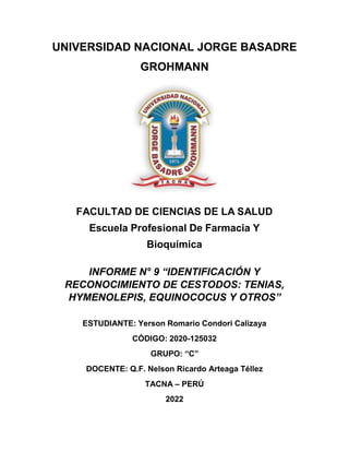 UNIVERSIDAD NACIONAL JORGE BASADRE
GROHMANN
FACULTAD DE CIENCIAS DE LA SALUD
Escuela Profesional De Farmacia Y
Bioquímica
INFORME N° 9 “IDENTIFICACIÓN Y
RECONOCIMIENTO DE CESTODOS: TENIAS,
HYMENOLEPIS, EQUINOCOCUS Y OTROS”
ESTUDIANTE: Yerson Romario Condori Calizaya
CÓDIGO: 2020-125032
GRUPO: “C”
DOCENTE: Q.F. Nelson Ricardo Arteaga Téllez
TACNA – PERÚ
2022
 