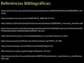 http://www2.ufersa.edu.br/portal/view/uploads/setores/98/ENTOMOLOGIA/CARRAPATOS_AHI
D.pdf
http://saudeemcasa.zip.net/arch2009-08-01_2009-08-31.html
http://web2.cesjf.br/sites/cesjf/revistas/cesrevista/edicoes/2006/febre_maculosa_brasileira.pdf
http://www.insecta.ufv.br/Entomologia/ent/disciplina/ban%20160/Importancia%20medica/INS
ETOS%20E%20%E7CAROS%20DE%20IMPO~de.htm
http://www.alunosonline.com.br/biologia/doencas-causadas-bacterias-2.html
http://www.euqueroumfilhote.com.br/forum/topic.asp?TOPIC_ID=298
https://www.cooxupe.com.br/folha/novembro05/pag15.htm
http://www.cve.saude.sp.gov.br/agencia/bepa17_fm.htm
http://www.coccidia.icb.usp.br/disciplinas/BMP222/aulas/Acaros_importancia_e_classificacao_
2011.pdf
 