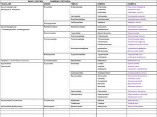 REINO: PROTISTA SUBREINO: PROTOZOA 
FILO/CLASE ORDEN FAMILIA GENERO EJEMPLO 
Sarcomastigophora / 
Amoebida Endamoebidae Entamoeba 
(Rhizopoda o sarcodina) 
Endolimax 
Iodamoeba 
Entamoeba histolytica 
Endolimax nana 
Iodamoeba butschlii 
Hartmanella Hartmanella Hartmanella castellani 
Acanthamoebidae Acanthamoeba Acanthamoeba keratitis 
Schizopyrenida 
Vahlkamptiidae Naegleria Naegleria fowleri 
Sarcomastigophora/ 
(Zoomastigophorea o mastigophora) 
Retortamonadida Retortamonadidae Chilomaxtis 
Retortamonas 
Chilomaxtis mesnili 
Retortamonas intestinalis 
Diplomonadida Hexamitidae Giarda Hexamita Giarda lamblia 
Enteromonadidae Enteromonas Enteromonas hominis 
Trichomonadida Trichomonadidae Tritrichomonas 
Trichomonas 
Pentatrichomonas 
Tritrichomonas foetus 
Trichomonas vaginalis 
Pentatrichomonas hominis 
Monocercomonadidae Histomonas 
Dientamoeba 
Histomonas meleagridis 
Dientamoeba fragilis 
Kinetoplastida Trypanosomatidae Trypanosoma 
Leishmania 
Trypanosoma cruzi 
Leishmania braziliensis 
Ciliophora / (Kinetofragminophorea) Trychostomatida Balantidiidae Balantidium Balantidium coli 
Apicomplexa/ 
Eucoccidiia Eimeriidae Eimeria 
(Sporozoea) 
Isospora 
Cyclospora 
Eimeria tenella 
Isospora canis 
Cyclospora cayetanensis 
Cryptosporiidae Cryptosporidium Cryptosporidium parvum 
Sarcocystidae Sarcocystis 
Frenkelia 
Toxoplasma 
Besnoitia 
Neospora 
Sarcocystis bovihominis. 
Frenkelia microti 
Toxoplasma gondii 
Besnoitia besnoiti 
Neospora caninum 
Plasmodiidae Plasmodium Plasmodium falciparum 
Haemoproteus Haemoproteus 
Hepatocystis 
Haemoproteus columbae 
Hepatocystis kochi 
Apicomplexa/(Piroplasmea) Piroplasmida Babesiidae Babesia Babesia bovis 
Theileriidae Theileria Theileria equi 
Apicomplexa/(Blastocystea) Blastocystida Blastocystidae Blastocystis Blastocystis hominis 
 