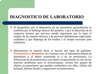DIAGNOSTICO DE LABORATORIO
El diagnóstico por el laboratorio de las parasitosis generalmente se
confirma por el hallazgo directo del parásito, o por la detección de la
respuesta inmune que provoca siendo importante por lo tanto el
empleo de las mejores técnicas y de personal debidamente capacitado,
cuidadoso y que disponga de los medios y el tiempo necesario para
realizarlos.
Básicamente en materia fecal se buscan dos tipos de parásitos:
Protozoarios y Helmintos; en el primer caso el laboratorio deberá de
determinar si el objeto examinado es o no un protozoario. La
diferenciación de protozoarios con objeto no parasitarios es uno de los
mayores problemas para el microscopista; existen tres grupos de
objetos no parasitarios que pueden confundirse con ellos, células del
huésped, detritus fecales y organismos no protozoarios.
 