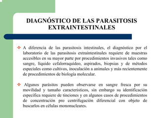 DIAGNÓSTICO DE LAS PARASITOSIS
EXTRAINTESTINALES
A diferencia de las parasitosis intestinales, el diagnóstico por el
laboratorio de las parasitosis extraintestinales requiere de muestras
accesibles en su mayor parte por procedimientos invasivos tales como
sangre, líquido cefalorraquídeo, aspirados, biopsias y de métodos
especiales como cultivos, inoculación a animales y más recientemente
de procedimientos de biología molecular.
Algunos parásitos pueden observarse en sangre fresca por su
movilidad y tamaño caracteristicos, sin embargo su identificación
específica requiere de tinciones y en algunos casos de procedimientos
de concentración pro centrifugación diferencial con objeto de
buscarlos en células mononucleares.
 