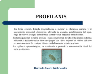 PROFILAXIS
En forma general, dirigida principalmente a mejorar la educación sanitaria y el
saneamiento ambiental: disposición adecuada de excretas, potabilización del agua,
riego de cultivos sin agua contaminada y erradicación adecuada de las basuras.
En forma personal, evitar la geofagia (pica: comer tierra), lavado de las manos en forma
adecuada y frecuente en los niños que juegan con tierra, mejorar los hábitos del aseo
personal, consumo de verduras y frutas cuidadosamente lavadas y peladas
La vigilancia epidemiológica, va relacionada a prevenir la contaminación fecal del
suelo y alimentos.
Huevo de Ascaris lumbricoides
 