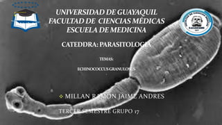  MILLAN RAMON JAIME ANDRES
TERCER SEMESTRE GRUPO 17
UNIVERSIDAD DE GUAYAQUIL
FACULTAD DE CIENCIAS MÉDICAS
ESCUELADE MEDICINA
CATEDDRA: PARASITOLOGIA
TEMAS:
ECHINOCOCCUSGRANULOSUS
.
 