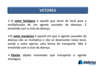 VETORES
 O vetor biológico é aquele que serve de local para a
multiplicação de um agente causador de doenças. É
envolvido com o ciclo da doença.
O vetor mecânico é aquele em que o agente causador da
doença não se multiplica e não se desenvolve nesse local,
sendo o vetor apenas uma forma de transporte. Não é
envolvido com o ciclo da doença.
 Fômite objeto inanimado que transporta o agente
etiológico.
 