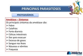 Amebíase – Sintomas
Os principais sintomas da amebíase são:
 Febre
 Calafrios
 Forte diarreia
 Cólicas intestinais
 Dor para evacuar
 Excesso de gases
 Sangue nas fezes
 Náuseas e vômitos
 Fraqueza
PROTOZOÁRIOS
PRINCIPAIS PARASITOSES
 