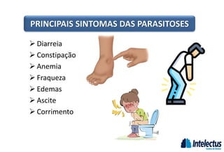 PRINCIPAIS SINTOMAS DAS PARASITOSES
 Diarreia
 Constipação
 Anemia
 Fraqueza
 Edemas
 Ascite
 Corrimento
 