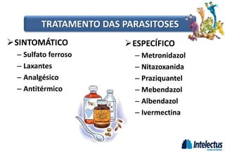 TRATAMENTO DAS PARASITOSES
SINTOMÁTICO
– Sulfato ferroso
– Laxantes
– Analgésico
– Antitérmico
ESPECÍFICO
– Metronidazol
– Nitazoxanida
– Praziquantel
– Mebendazol
– Albendazol
– Ivermectina
 