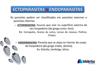 ECTOPARASITAS x ENDOPARASITAS
Os parasitas podem ser classificados em parasitas externos e
parasitas internos.
– ECTOPARASITAS: Parasita que vive na superfície externa do
seu hospedeiro (do grego ectos, fora).
Ex: Carrapatos, Ácaros da sarna, Larvas de moscas, Piolhos,
Chatos.
– ENDOPARASITAS: Parasita que se aloja no interior do corpo
do hospedeiro (do grego endos, dentro).
Ex: Giárdia, lombriga, tênia.
 