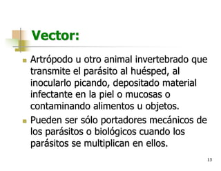 13
Vector:
n Artrópodo u otro animal invertebrado que
transmite el parásito al huésped, al
inocularlo picando, depositado material
infectante en la piel o mucosas o
contaminando alimentos u objetos.
n Pueden ser sólo portadores mecánicos de
los parásitos o biológicos cuando los
parásitos se multiplican en ellos.
 