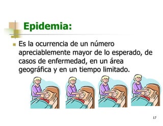 17
Epidemia:
n Es la ocurrencia de un número
apreciablemente mayor de lo esperado, de
casos de enfermedad, en un área
geográfica y en un tiempo limitado.
 