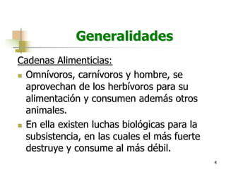 4
Generalidades
Cadenas Alimenticias:
n Omnívoros, carnívoros y hombre, se
aprovechan de los herbívoros para su
alimentación y consumen además otros
animales.
n En ella existen luchas biológicas para la
subsistencia, en las cuales el más fuerte
destruye y consume al más débil.
 