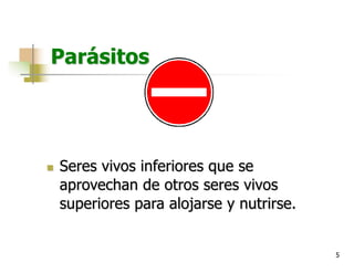 5
Parásitos
n Seres vivos inferiores que se
aprovechan de otros seres vivos
superiores para alojarse y nutrirse.
 