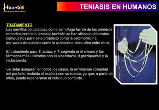 TENIASIS EN HUMANOS
TRATAMIENTO
Las semillas de calabaza como vermífugo fueron de los primeros
remedios contra la teniasis; también se han utilizado diferentes
compuestos para este propósito como la paromomicina,
derivados de acridina como la quinacrina, diclorofen entre otros.
El tratamiento para T. solium y T. saginata es el mismo y los
fármacos más utilizados son el albendazol, el praziquantel y la
niclosamida.
Se debe asegurar, en todos los casos, la eliminación completa
del parásito, incluido el escólex con su rostelo, ya que, a partir de
ellos, puede regenerarse el individuo completo.
 
