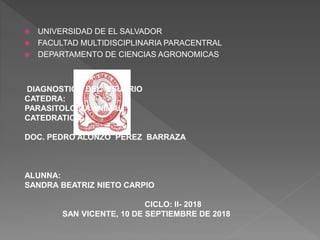  UNIVERSIDAD DE EL SALVADOR
 FACULTAD MULTIDISCIPLINARIA PARACENTRAL
 DEPARTAMENTO DE CIENCIAS AGRONOMICAS
DIAGNOSTICO DEL USUARIO
CATEDRA:
PARASITOLOGIA ANIMAL
CATEDRATICO:
DOC. PEDRO ALONZO PEREZ BARRAZA
ALUNNA:
SANDRA BEATRIZ NIETO CARPIO
CICLO: II- 2018
SAN VICENTE, 10 DE SEPTIEMBRE DE 2018
 