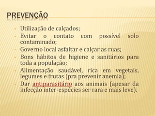 PREVENÇÃO
• Utilização de calçados;
• Evitar o contato com possível solo
contaminado;
• Governo local asfaltar e calçar as ruas;
• Bons hábitos de higiene e sanitários para
toda a população;
• Alimentação saudável, rica em vegetais,
legumes e frutas (pra prevenir anemia);
• Dar antiparasitário aos animais (apesar da
infecção inter-espécies ser rara e mais leve).
 
