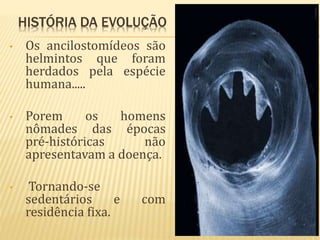 HISTÓRIA DA EVOLUÇÃO
• Os ancilostomídeos são
helmintos que foram
herdados pela espécie
humana.....
• Porem os homens
nômades das épocas
pré-históricas não
apresentavam a doença.
• Tornando-se
sedentários e com
residência fixa.
 