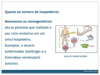 Monoxenos ou monogenéticos:
são os parasitas que realizam o
seu ciclo evolutivo em um
único hospedeiro.
Exemplos: o Ascaris
lumbricoides (lombriga) e o
Enterobius vermicularis
(oxiúrio).
Quanto ao número de hospedeiros:
Ascaris lumbricoides
Introdução
 