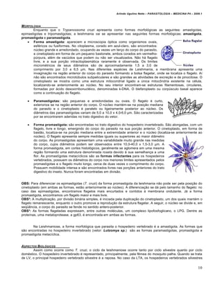 Arlindo Ugulino Netto – PARASITOLOGIA – MEDICINA P4 – 2009.1



M ORFOLOGIA
       Enquanto que o Trypanossoma cruzi apresenta como formas morfológicas as seguintes: amastigotas,
epimastigotas e tripomastigotas; a leishmania vai se apresentar nas seguintes formas morfológicas: amastigota,
promastigota e paramastigota.
     Forma amastigota: aparecem a microscopia óptica como organismos ovais,
       esféricos ou fusiformes. No citoplasma, corado em azul-claro, são encontrados:
       núcleo grande e arredondado, ocupando as vezes um terço do corpo do parasito,
       e cinetoplasto em forma de um pequeno bastonete, ambos corados em vermelho-
       púrpura, além de vacúolos que podem ou não ser visualizados. Não há flagelo
       livre, e a sua porção intracitoplasmática raramente é observada. Os limites
       micrométricos de seus diâmetros são de aproximadamente 1,5 a 3,0 de
       comprimento por 3,0 a 6,5 µm. Nas diferentes espécies de Leishmania, a membrana apresenta uma
       invaginação na região anterior do corpo do parasito formando a bolsa flagelar, onde se localiza o flagelo. Aí
       não são encontrados microtúbulos subpeliculares e são grandes as atividades de excreção e de pinocitose. O
       cinetoplasto se mostra como uma estrutura mitocondrial ligado a única mitocôndria existente na célula,
       localizando-se anteriormente ao núcleo. No seu interior encontram-se estruturas filamentosas, circulares,
       formadas por ácido desoxirribonucléico, denominadas k-DNA. O blefaroplasto ou corpúsculo basal aparece
       como a continuação do flagelo.

      Paramastigotas: são pequenas e arredondadas ou ovais. O flagelo é curto,
       exterioriza se na região anterior do corpo. O núcleo mantém-se na posição mediana
       do parasito e o cinetoplasto é paralelo ou ligeiramente posterior ao núcleo. Os
       diâmetros das paramastígotas variam de 5,0 a 10,0 x 4,0-6,0 µm. São caracterizadas
       por se encontrarem aderidas no trato digestivo do vetor.

      Forma promastigota: são encontradas no trato digestivo do hospedeiro invertebrado. São alongadas, com um
       flagelo, livre e longo, emergindo do corpo do parasito na sua porção anterior. O cinetoplasto, em forma de
       bastão, localiza-se na porção mediana entre a extremidade anterior e o núcleo (localiza-se anteriormente ao
       núcleo). O flagelo apresenta sempre medidas iguais ou superiores ao maior diâmetro
       do corpo. As promastigotas apresentam uma variabilidade muito grande nas medidas
       do corpo, cujos diâmetros podem ser observados entre 10,0-40,0 x 1,5-3,0 µm. A
       forma promastigota, em cortes histológicos, geralmente se aglomera em uma mesma
       região formando uma estrutura denominada roseta devido à sua semelhança a uma
       flor. As promastígotas metacíclicos são as formas infectantes para os hospedeiros
       vertebrados, possuem os diâmetros do corpo nos menores limites apresentados pelos
       promastígotas e o flagelo muito longo, cerca de duas vezes o comprimento do corpo.
       Possuem mobilidade intensa e são encontrados livres nas porções anteriores do trato
       digestivo do inseto. Nunca foram encontradas em divisão.


OBS: Para diferenciar os epimastigotas (T. cruzi) da forma promastigota da leishmania não pode ser pela posição do
cinetoplasto (em ambas as formas, estão anteriormente ao núcleo). A diferenciação se dá pelo tamanho do flagelo: no
caso das epimastigotas, encontramos flagelos mais encurtados e contidos à membrana ondulante. Já a forma
promastigota, encontramos um flagelo maior e mais livre.
OBS²: A multiplicação, por divisão binária simples, é iniciada pela duplicação do cinetoplasto, um dos quais mantém o
flagelo remanescente, enquanto o outro promove a reprodução da estrutura flagelar. A seguir, o núcleo se divide e, em
seqüência, o corpo do parasito se fende no sentido antero-posterior.
OBS³: As formas flageladas expressam, entre outras moléculas, um complexo lipofosfoglicano, o LPG. Dentre as
proteínas, uma metaloprotease, a gp63, é encontrada em ambas as formas.


       Na Leishmaniose, a forma morfológica que parasita o hospedeiro vertebrado é a amastigota. As formas que
são encontradas no hospedeiro invertebrado (vetor: Lutzomya sp.) são as formas paramastigotas, promastigota e
promastigota metacíclica.


ASPECTOS BIOL•GICOS
       Assim como ocorre como T. cruzi, o ciclo da leishmaniose ocorre tanto por ciclo silvestre quanto por ciclo
doméstico. O hospedeiro invertebrado é representado, principalmente, pela fêmea do mosquito palha. Quando se trata
de LV, o principal hospedeiro vertebrado silvestre é a raposa. No caso da LTA, os hospedeiros vertebrados silvestres


                                                                                                                      10
 