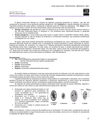 Arlindo Ugulino Netto – PARASITOLOGIA – MEDICINA P4 – 2009.1




MED RESUMOS 2009
NETTO, Arlindo Ugulino.
PARASITOLOGIA

                                                    AMEBÍASE

       O g‚nero Entamoeba alberga um conjunto de esp•cies comensais (presentes no intestino, mas nƒo sƒo
causadoras de doen€as) e outra apresenta padr„es patog‚nicos. A E. histolytica • o agente etiol…gico da ameb‡ase,
importante problema de sa‹de p‹blica, constituindo a segunda causa de mortes por parasitoses. A E. dispar • uma
esp•cie que acomete o homem de forma assintom†tica, quadro denominado colite nƒo-disent•rica.
    Amebas comensais: sƒo aquelas que vivem no intestino do ser humano mas sem causar nenhum preju‡zo a
        ele. Sƒo elas: Entamoeba dispar, E. hartmanni, E. coli, Endolimax nana, Iodomoeba butschlii, E. gengivalis
        (‹nica que vive na cavidade bucal).
    Ameba patogênica: a ‹nica ameba que pode causar o quadro cl‡nico e sintom†tico cl†ssico (fortes c…licas,
        diarr•ias seguidas ou nƒo de sangue) da ameb‡ase • a Entamoeba histolytica, que apresenta semelhan€as
        morfol…gicas com a E. díspar.

        No geral, todas essas amebas apresentam semelhan€as morfol…gicas que, para o diagn…stico e identifica€ƒo,
pequenas diferen€as devem ser notadas como a quantidade de n‹cleos presentes na c•lula, disposi€ƒo do mesmo,
presen€a de vac‹olos, etc. Entretanto, a E. dispar e a E. hitolytica apresentam importantes semelhan€as morfol…gicas
que dificultam ainda mais o diagn…stico. Por este motivo, em enxames de fezes, o achado laboratorial deve constar:
“Cistos de Entamoeba histolytica / Entamoeba dispar”. Por esta razƒo, mesmo sendo nƒo considerada nƒo patog‚nica,
a E. dispar deve ser tratada, nƒo s… pela sua semelhan€a com a patog‚nica E. histolytica, mas pelo fato da E. dispar
ser respons†vel por causar a forma mais branda da ameb‡ase: colite nƒo-disent•rica.


CLASSIFICA‚ƒO
    Filo: Sarcomastigophora (apresentam flagelo ou pseud…podes)
           o Sub-filo: Sarcodina (formam apenas pseud…podes)
    Ordem: Amoebidae
    Família: Entamoebidae
    Gênero: Entamoeba
    Espécie: Entamoeba histolytica/Entamoeba dispar


         As amebas citadas se distinguem umas das outras pelo tamanho do trofozo‡to e do cisto, pela estrutura e pelo
n‹mero dos n‹cleos nos cistos, pelo n‹mero e formas das inclus„es citoplasm†ticas (vac‹olos nos trofozo‡tos e corpos
cromat…ides apenas nas fases iniciais e menos madura dos cistos).
         O g‚nero Entamoeba se caracteriza por possuir n‹cleo esf•rico ou arredondado e vesiculoso, com a cromatina
perif•rica formada por pequenos grŒnulos justapostos e distribu‡dos regularmente na parte interna da membrana
nuclear, lembrando uma roda de carro€a; o cariossoma • relativamente pequeno, central ou exc‚nirico.
         As esp•cies de ameba pertencentes ao g‚nero Entamoeba foram reunidas em grupos diferentes, segundo o
n‹mero de n‹cleos do cisto maduro ou pelo desconhecimento dessa forma. Sƒo eles:

      Entamoeba com cistos contendo 8 n‹cleos: E. coli
       (homem), E. gallinarum (aves dom•sticas). Os
       corpos cromat…ides da E. coli apresentam-se
       pontiagudos, como agulhas.
      Entamoeba com 4 núcleos: E. histolytica, E.
       dispar e E. hartmanni (bem menor que as
       demais). Os corpos cromat…ides na E. histolytica
       e E. hartmanni apresentam corpos cromat…ides
       em forma de bastƒo.
      Entamoeba com 1 núcleo: E. polecki (comum em
       porcos e macacos).

OBS: Como sabemos, o cisto • a estrutura de resist‚ncia de um protozo†rio. Por este motivo, a pesquisa dos cistos de
ameba ou da pr…pria gi†rdia na †gua fornecida para uma certa comunidade, serve como um indicador do saneamento
e qualidade da higiene desta regiƒo.


                                                                                                                      25
 