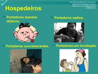 Hospedeiros
 Portadores doentes
atípicos.
 Portadores sadios.
 Portadores convalescentes.  Portadores em incubação.
Profª Monara Bittencourt de Amorim
Bioquímica-Citologista Oncótica
bittencourt.monara7@gmail.com
84 9985 8153
 