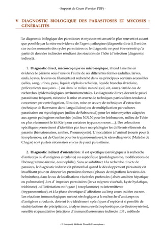 - Support de Cours (Version PDF) -
V DIAGNOSTIC BIOLOGIQUE DES PARASITOSES ET MYCOSES :
GÉNÉRALITÉS
Le diagnostic biologiq...