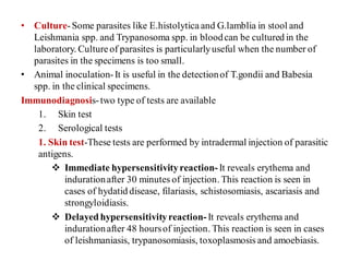 • Culture-Some parasites like E.histolytica and G.lamblia in stool and
Leishmania spp. and Trypanosoma spp. in bloodcan be cultured in the
laboratory. Cultureof parasites is particularlyuseful when the number of
parasites in the specimens is too small.
• Animal inoculation-It is useful in the detectionof T.gondii and Babesia
spp. in the clinical specimens.
Immunodiagnosis-two type of tests are available
1. Skin test
2. Serological tests
1. Skin test-These tests are performed by intradermal injection of parasitic
antigens.
 Immediate hypersensitivityreaction-It reveals erythema and
indurationafter 30 minutes of injection. This reaction is seen in
cases of hydatid disease, filariasis, schistosomiasis, ascariasis and
strongyloidiasis.
 Delayed hypersensitivityreaction-It reveals erythema and
indurationafter 48 hoursof injection. This reaction is seen in cases
of leishmaniasis, trypanosomiasis, toxoplasmosis and amoebiasis.
 