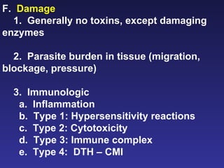 F.  Damage   1.  Generally no toxins, except damaging enzymes 2.  Parasite burden in tissue (migration, blockage, pressure) 3.  Immunologic a.  Inflammation b.  Type 1: Hypersensitivity reactions c.  Type 2: Cytotoxicity d.  Type 3: Immune complex e.  Type 4:  DTH – CMI 