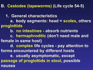 B.  Cestodes (tapeworms)  (Life cycle 54-5) 1.  General characteristics a.  body segments: head =  scolex , others  proglottids b.  no intestines  - absorb nutrients c.  hermaphroditic  (don't need male and female in same host) d.  complex  life cycles - pay attention to forms encountered by different hosts e.  usually asymptomatic, except  passage of proglottids in stool , possible nausea 