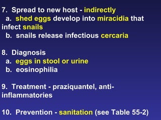 7.  Spread to new host -  indirectly a.  shed eggs  develop into  miracidia  that infect  snails b.  snails release infectious  cercaria   8.  Diagnosis a.  eggs in stool or urine b.  eosinophilia 9.  Treatment - praziquantel, anti-inflammatories 10.  Prevention -  sanitation  (see Table 55-2) 