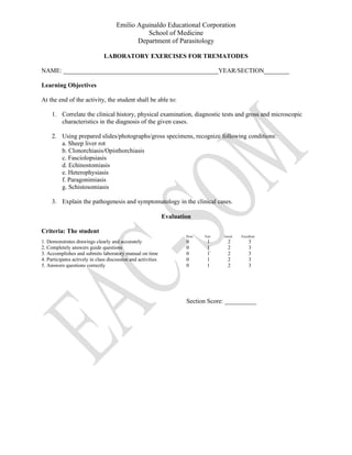 Emilio Aguinaldo Educational Corporation
School of Medicine
Department of Parasitology
LABORATORY EXERCISES FOR TREMATODES
NAME: _________________________________________________YEAR/SECTION________
Learning Objectives
At the end of the activity, the student shall be able to:
1. Correlate the clinical history, physical examination, diagnostic tests and gross and microscopic
characteristics in the diagnosis of the given cases.
2. Using prepared slides/photographs/gross specimens, recognize following conditions:
a. Sheep liver rot
b. Clonorchiasis/Opisthorchiasis
c. Fasciolopsiasis
d. Echinostomiasis
e. Heterophysiasis
f. Paragonimiasis
g. Schistosomiasis
3. Explain the pathogenesis and symptomatology in the clinical cases.
Evaluation
Criteria: The student
Poor Fair Good Excellent
1. Demonstrates drawings clearly and accurately 0 1 2 3
2. Completely answers guide questions 0 1 2 3
3. Accomplishes and submits laboratory manual on time 0 1 2 3
4. Participates actively in class discussion and activities 0 1 2 3
5. Answers questions correctly 0 1 2 3
Section Score: __________
 