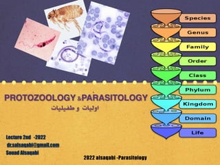 2022 alsaqabi -Parasitology
PROTOZOOLOGY &PARASITOLOGY
‫طفيليات‬ ‫و‬ ‫اوليات‬
Lecture 2nd -2022


dr.salsaqabi@gmail.com


Souad Alsaqabi
 
