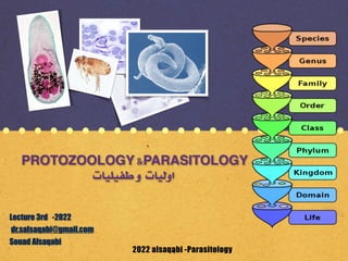 2022 alsaqabi -Parasitology
١
Lecture 3rd -2022


dr.salsaqabi@gmail.com


Souad Alsaqabi
PROTOZOOLOGY &PARASITOLOGY
‫طفيليات‬ ‫و‬ ‫اوليات‬
 