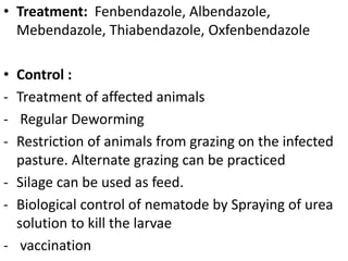 • Treatment: Fenbendazole, Albendazole,
Mebendazole, Thiabendazole, Oxfenbendazole
• Control :
- Treatment of affected animals
- Regular Deworming
- Restriction of animals from grazing on the infected
pasture. Alternate grazing can be practiced
- Silage can be used as feed.
- Biological control of nematode by Spraying of urea
solution to kill the larvae
- vaccination
 