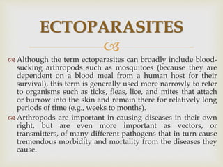 
 Although the term ectoparasites can broadly include blood-
sucking arthropods such as mosquitoes (because they are
dependent on a blood meal from a human host for their
survival), this term is generally used more narrowly to refer
to organisms such as ticks, fleas, lice, and mites that attach
or burrow into the skin and remain there for relatively long
periods of time (e.g., weeks to months).
 Arthropods are important in causing diseases in their own
right, but are even more important as vectors, or
transmitters, of many different pathogens that in turn cause
tremendous morbidity and mortality from the diseases they
cause.
ECTOPARASITES
 