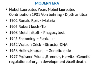 MODERN ERA
• Nobel Laureates Years Nobel laureates
Contribution 1901 Von behring - Dipth antitox
• 1902 Ronald Ross - Malaria
• 1905 Robert koch -Tb
• 1908 Metchnikoff - Phagocytosis
• 1945 Flemming - Penicillin
• 1962 Watson Crick - Structur DNA
• 1968 Holley,Khorana - Genetic code
• 1997 Pruisner Prions ,Brenner, Hervitz -Genetic
regulation of organ development &cell death
 