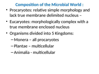 Composition of the Microbial World :
• Procaryotes: relative simple morphology and
lack true membrane delimited nucleus –
• Eucaryotes: morphologically complex with a
true membrane enclosed nucleus
• Organisms divided into 5 Kingdoms:
–Monera – all procaryotes
–Plantae – multicellular
–Animalia - multicellular
 