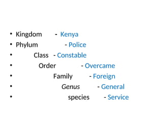 • Kingdom - Kenya
• Phylum - Police
• Class - Constable
• Order - Overcame
• Family - Foreign
• Genus - General
• species - Service
 