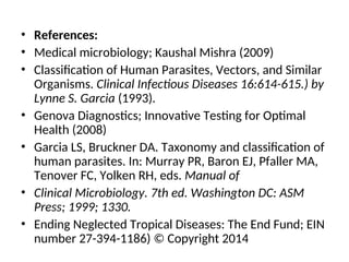 • References:
• Medical microbiology; Kaushal Mishra (2009)
• Classification of Human Parasites, Vectors, and Similar
Organisms. Clinical Infectious Diseases 16:614-615.) by
Lynne S. Garcia (1993).
• Genova Diagnostics; Innovative Testing for Optimal
Health (2008)
• Garcia LS, Bruckner DA. Taxonomy and classification of
human parasites. In: Murray PR, Baron EJ, Pfaller MA,
Tenover FC, Yolken RH, eds. Manual of
• Clinical Microbiology. 7th ed. Washington DC: ASM
Press; 1999; 1330.
• Ending Neglected Tropical Diseases: The End Fund; EIN
number 27-394-1186) © Copyright 2014
 