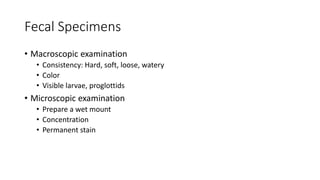 Fecal Specimens
• Macroscopic examination
• Consistency: Hard, soft, loose, watery
• Color
• Visible larvae, proglottids
• Microscopic examination
• Prepare a wet mount
• Concentration
• Permanent stain
 