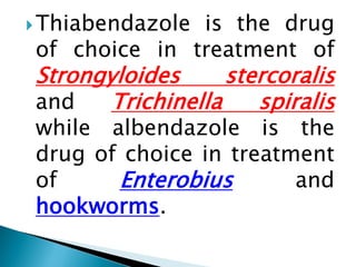 Thiabendazole is the drug
of choice in treatment of
Strongyloides stercoralis
and Trichinella spiralis
while albendazole is the
drug of choice in treatment
of Enterobius and
hookworms.
 