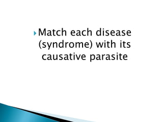 Match each disease
(syndrome) with its
causative parasite
 