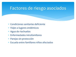  Condiciones sanitarias deficiente
 Viajes a lugares endémicos
 Agua de riachuelos
 Enfermedades intrafamiliares
 Parejas sin protección
 Escuela entre familiares niños afectados
Factores de riesgo asociados
 