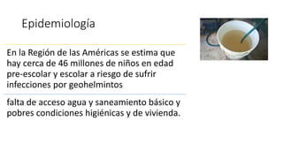 Epidemiología
En la Región de las Américas se estima que
hay cerca de 46 millones de niños en edad
pre-escolar y escolar a riesgo de sufrir
infecciones por geohelmintos
falta de acceso agua y saneamiento básico y
pobres condiciones higiénicas y de vivienda.
 