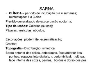SARNA
• CLÍNICA – período de incubação 3 a 4 semanas;
reinfestação: 1 a 3 dias
Prurido generalizado de exacerbação nocturna;
Tipo de lesões: Galerias (sulcos);
Pápulas, vesículas, nódulos;
Escoriações, piodermite, eczematização;
Crostas;
Topografia - Distribuição: simétrica
Bordo anterior das axilas, antebraços, face anterior dos
punhos, espaços interdigitais, r. periumbilical, r. glútea,
face interna das coxas, pernas, bordos e dorso dos pés.
 
