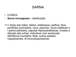 SARNA
• CLÍNICA
- Sarna norueguesa – distribuição:
+++ dorso das mãos, dedos, antebraços, joelhos, face,
pavilhões auriculares, nuca, pescoço, couro cabeludo e
r.palmo-plantares, pápulas hiperqueratósicas, crostas e
afecção das unhas, indivíduos com acentuada
deficiência imunitária: Sida, outros estados
caquetizantes, ttt imunossupressores
 