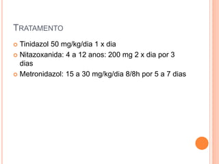 TRATAMENTO
 Tinidazol 50 mg/kg/dia 1 x dia
 Nitazoxanida: 4 a 12 anos: 200 mg 2 x dia por 3
dias
 Metronidazol: 15 a 30 mg/kg/dia 8/8h por 5 a 7 dias
 