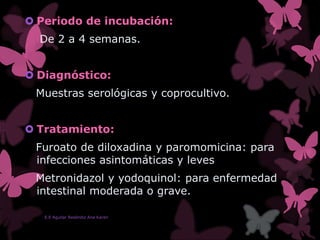  Periodo de incubación:
De 2 a 4 semanas.
 Diagnóstico:
Muestras serológicas y coprocultivo.
 Tratamiento:
Furoato de diloxadina y paromomicina: para
infecciones asintomáticas y leves
Metronidazol y yodoquinol: para enfermedad
intestinal moderada o grave.
E.E Aguilar Reséndiz Ana Karen
 