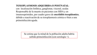 TOXOPLASMOSIS ADQUIRIDA O POSTNATAL:
con localización linfática, ganglionar, visceral, ocular.
Responsable de la muerte en pacientes con SIDA y en
imunosuprimidos, por cuadro grave de encefalitis toxoplásmica,
debido a reactivación de su toxoplasmosis crónica o bien a una
primoinfección aguda.
Se estima que la mitad de la población adulta habría
sufrido primoinfección (con serología +).
 